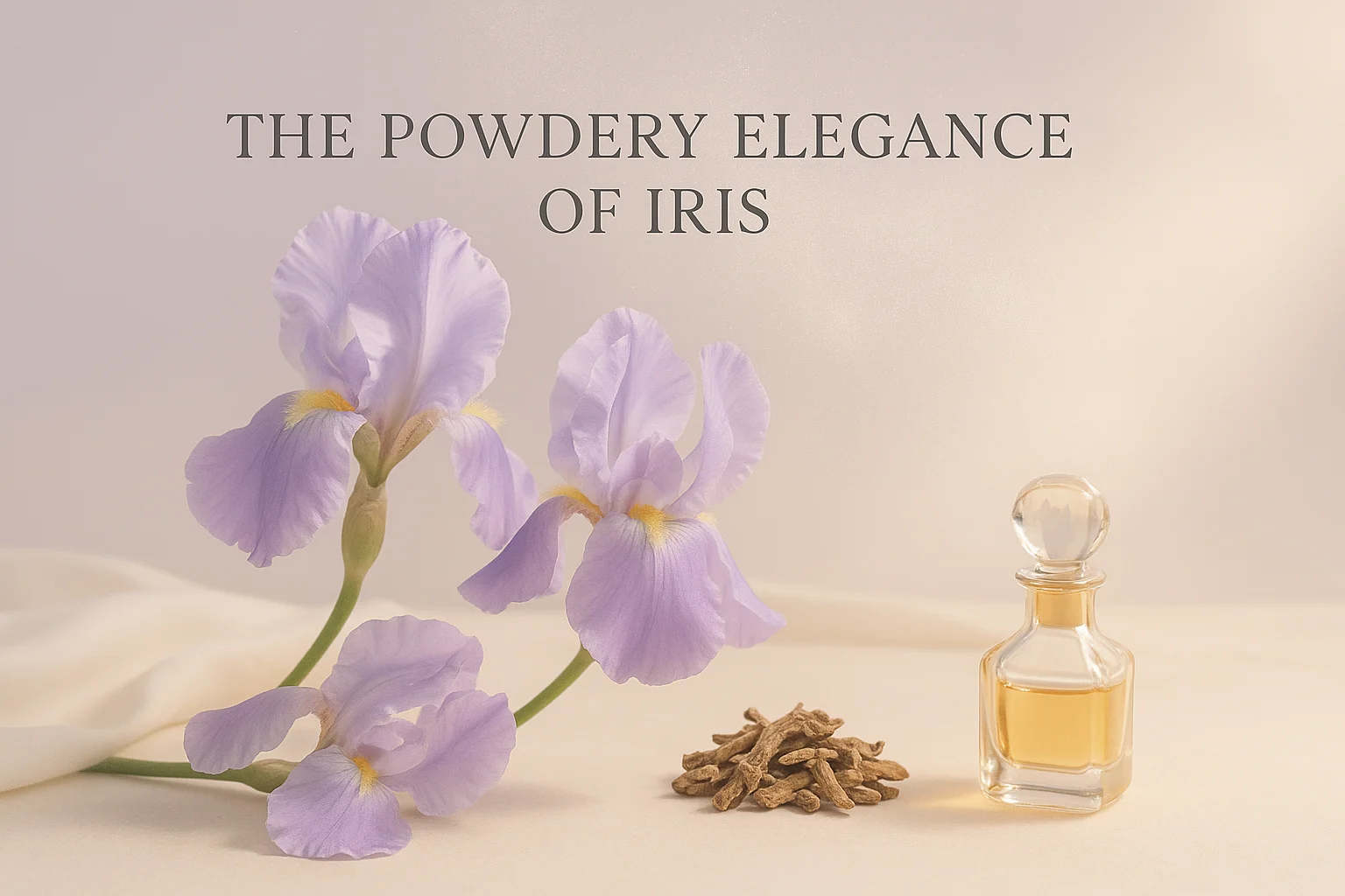 What is iris in perfumery shown with blooming purple iris flowers, dried orris roots, and a crystal perfume bottle on a soft ivory background