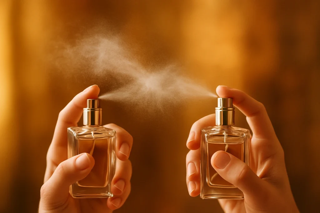 Perfume layering explained with perfume bottles and scent notes