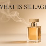 Illustration of perfume bottle showing fragrance sillage trail in the air