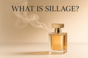 Illustration of perfume bottle showing fragrance sillage trail in the air