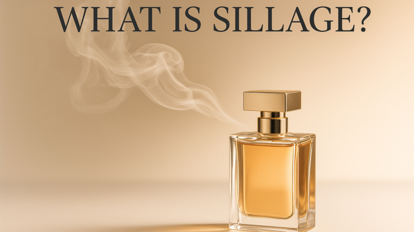 Illustration of perfume bottle showing fragrance sillage trail in the air