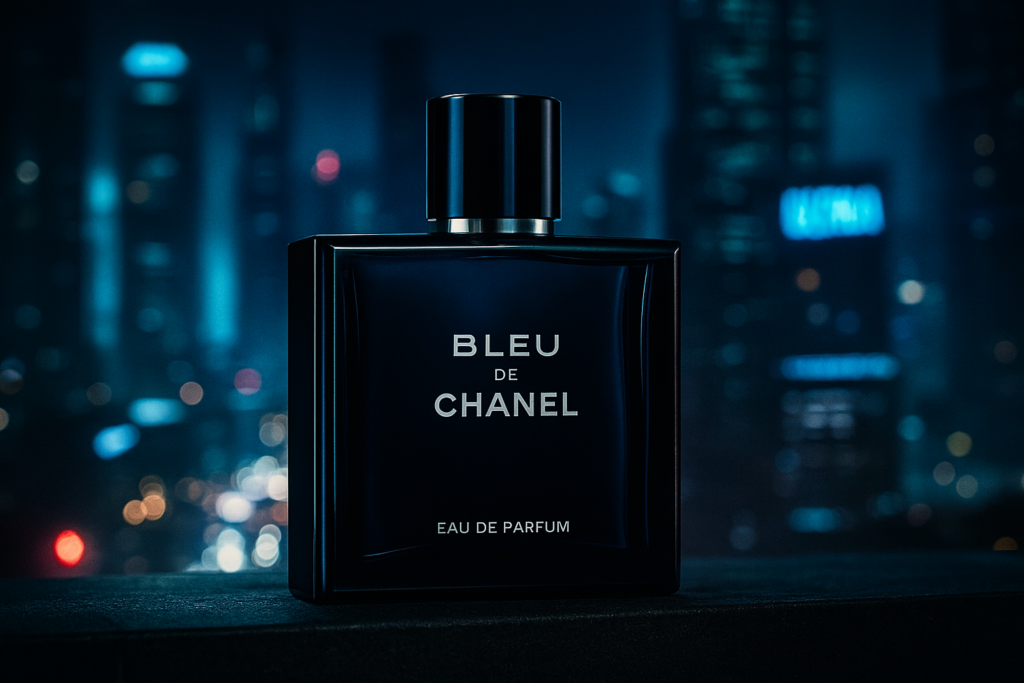 Bleu de Chanel bottle on black stone ledge with glowing city skyline at night, conclusion for which Bleu de Chanel to buy guide.