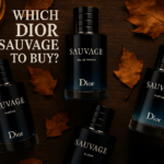 Flat lay of Dior Sauvage EDT, EDP, Parfum, Eau Forte, and Elixir bottles styled together.