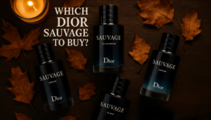 Flat lay of Dior Sauvage EDT, EDP, Parfum, Eau Forte, and Elixir bottles styled together.
