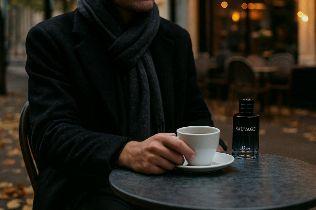 Stylish man at a café in autumn, symbolizing Dior Sauvage lifestyle.