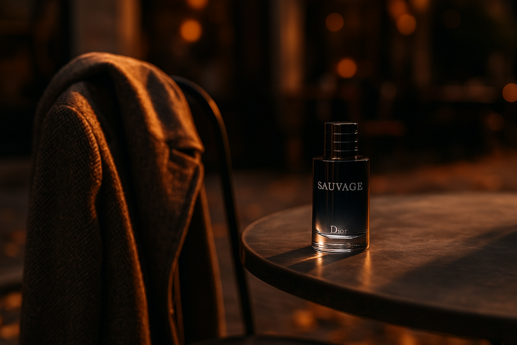 Dior Sauvage perfume bottle on a café table in autumn with golden leaves and warm sunlight, introduction image for which Dior Sauvage to buy guide.