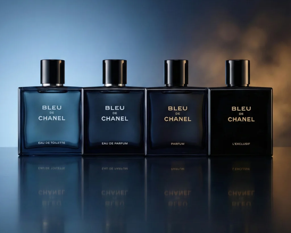 Bleu de Chanel EDT, EDP, Parfum and L’Exclusif bottles lined up in a row on a reflective surface with a blue gradient background