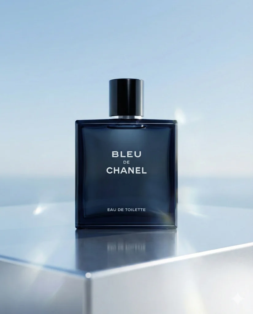 Bleu de Chanel Eau de Toilette bottle with black cap on a reflective surface against a soft blue gradient background