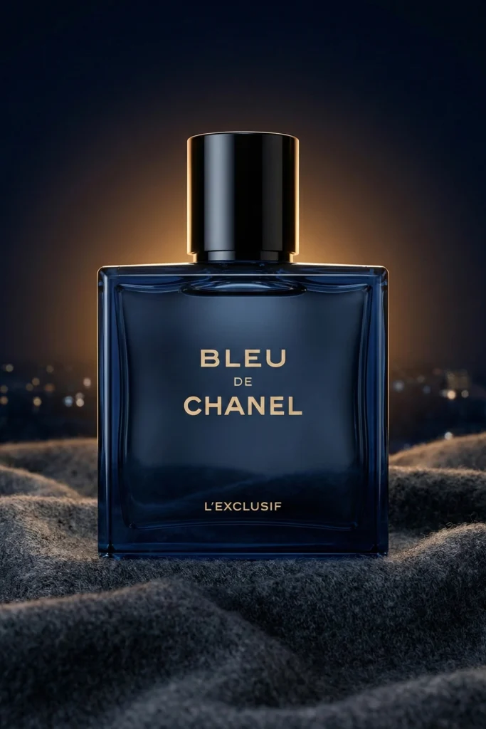 Bleu de Chanel L’Exclusif bottle with black cap on dark fabric against a deep navy background with a warm glow
