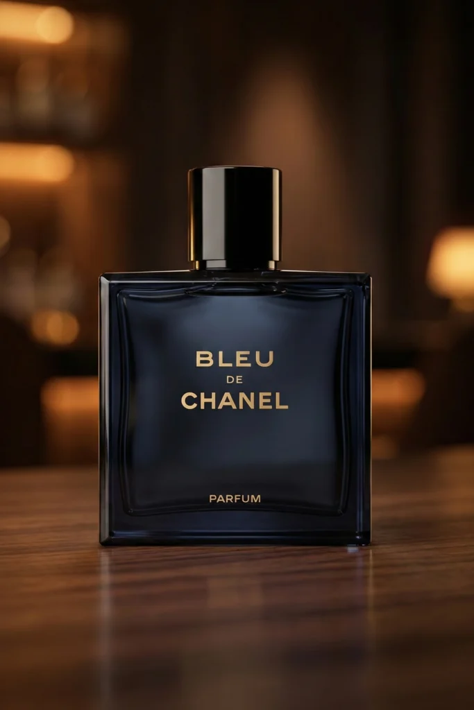Bleu de Chanel Parfum bottle with black cap on a dark wooden surface against a warm, softly lit background