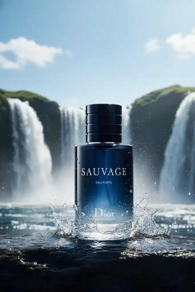 Dior Sauvage Eau Forte bottle with water splashing at its base in front of large waterfalls on a bright day