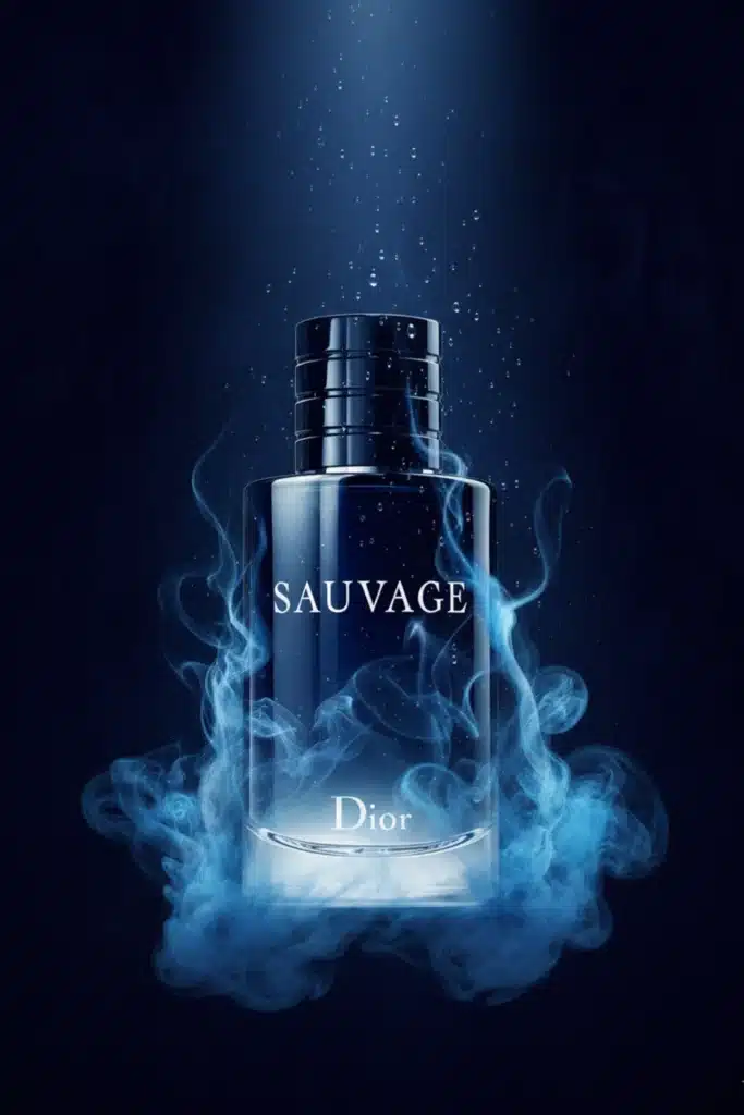 Dior Sauvage Eau de Toilette bottle surrounded by blue smoke and water droplets on a dark background