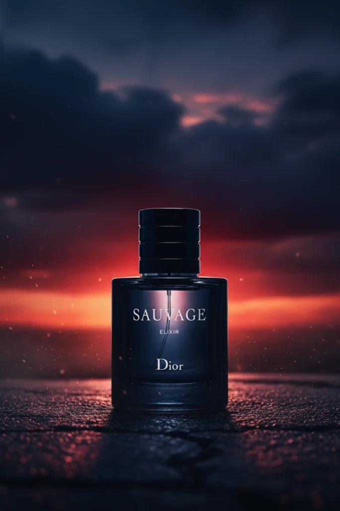 Dior Sauvage Elixir bottle on dark ground with a dramatic red and blue sunset sky in the background
