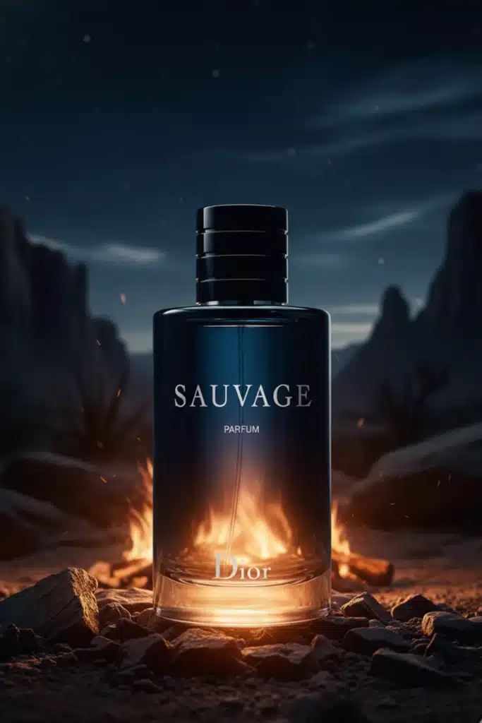 Dior Sauvage Parfum bottle glowing in front of a campfire in a rocky desert at night