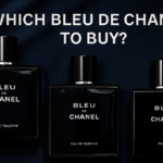 Which Bleu de Chanel to buy? Flat lay of Bleu de Chanel EDT, EDP, and Parfum bottles on navy background.