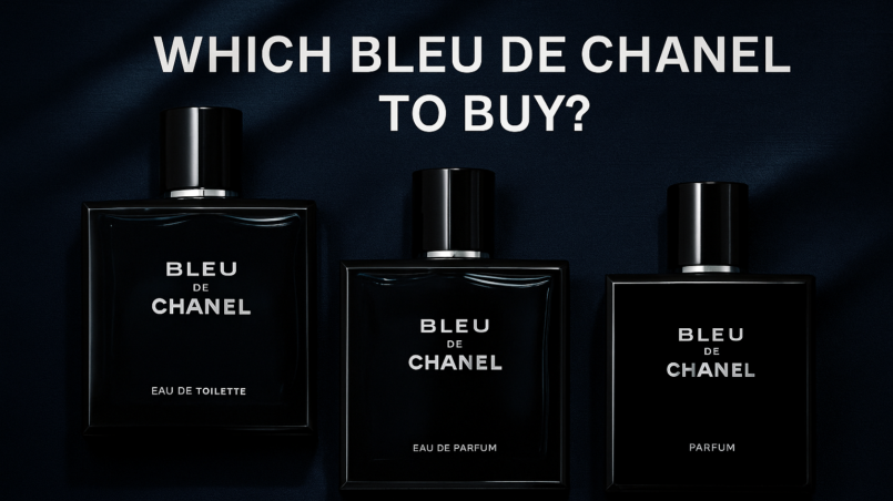 Which Bleu de Chanel to buy? Flat lay of Bleu de Chanel EDT, EDP, and Parfum bottles on navy background.