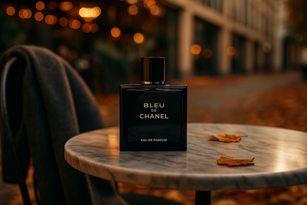 Bleu de Chanel perfume bottle on marble café table in autumn with warm sunlight, introduction to which Bleu de Chanel to buy guide.