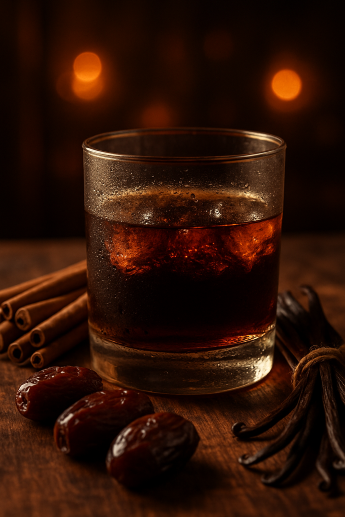 Spiced rum glass with cinnamon and vanilla pods in warm golden light.