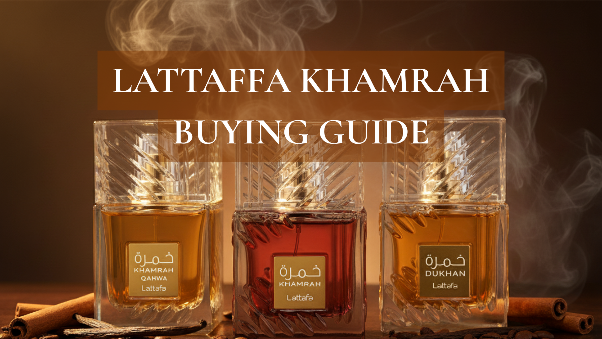Lataffa Khamrah Original, Qahwa, and Dukhan perfumes displayed together with spices and coffee beans