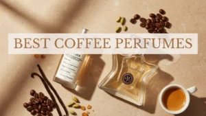 Flat lay of luxury perfume bottles and coffee beans in warm morning light.