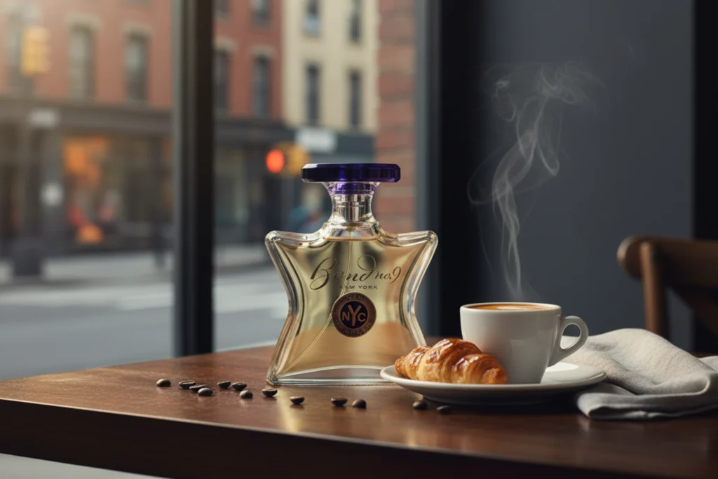 Bond No. 9 New Haarlem perfume bottle beside an espresso cup and pastry on a café table with city reflections.