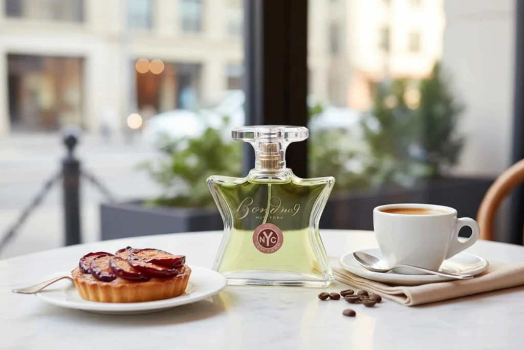 Bond No. 9 So New York perfume bottle beside an espresso and plum pastry in soft morning light.