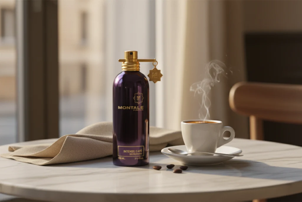 Perfume bottle beside a steaming espresso on a marble café table in warm sunlight.