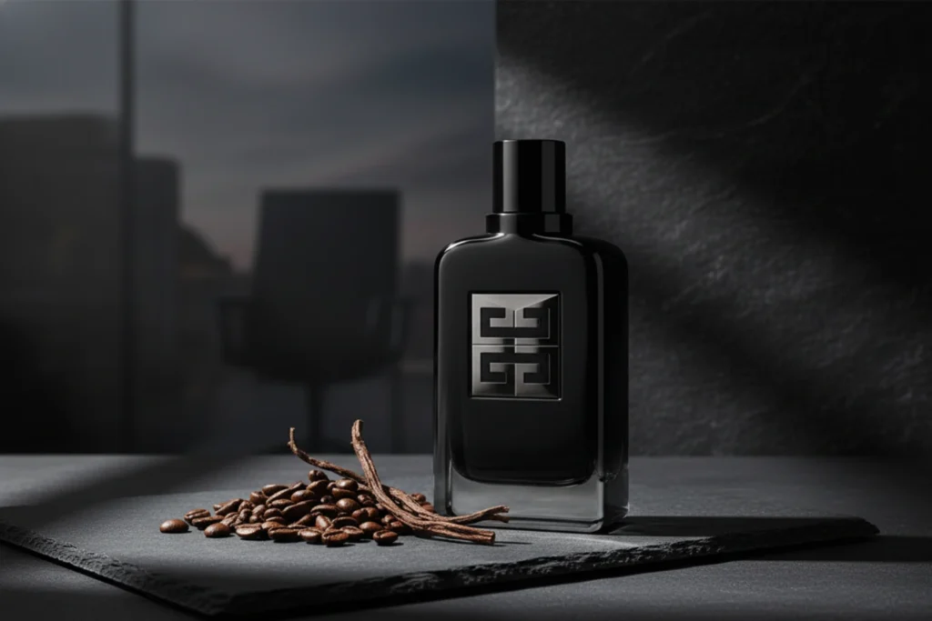 Givenchy Gentleman Society Extrême bottle surrounded by roasted coffee beans and wood on a matte black surface.