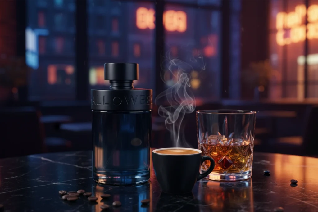 Halloween Man X perfume bottle surrounded by coffee beans, whiskey glass, and espresso cup under blue neon light.