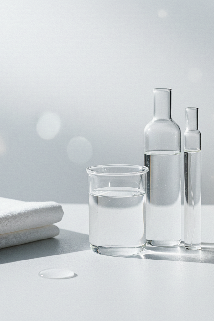 Clear glass flasks with transparent liquid in soft light symbolizing purity and safety of Iso E Super in perfumery