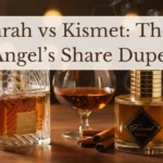 Lattafa Khamrah and Maison Alhambra Kismet Angel perfumes side by side with cognac glass and cinnamon