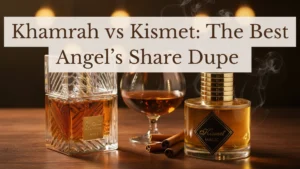 Lattafa Khamrah and Maison Alhambra Kismet Angel perfumes side by side with cognac glass and cinnamon