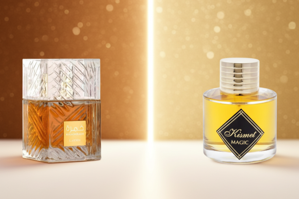 Lattafa Khamrah and Maison Alhambra Kismet Angel bottles side by side comparison