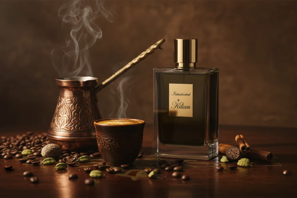 Kilian Intoxicated perfume bottle beside a Turkish coffee pot, cardamom pods, and cinnamon sticks under golden light.