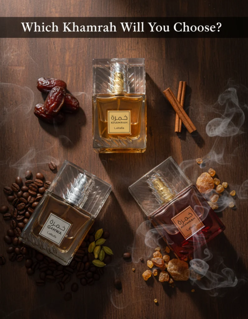 Flat lay of three Khamrah bottles (Original, Qahwa, Dukhan) with props.