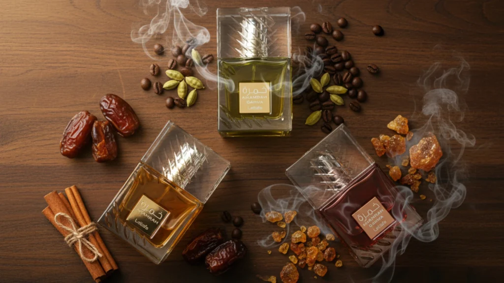 Three Khamrah bottles (Original, Qahwa, Dukhan) surrounded by dates, coffee beans, and incense.