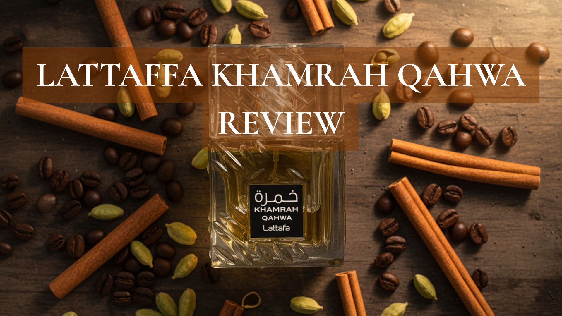 Lataffa Khamrah Qahwa bottle with coffee beans, cardamom, and cinnamon on a rustic table.