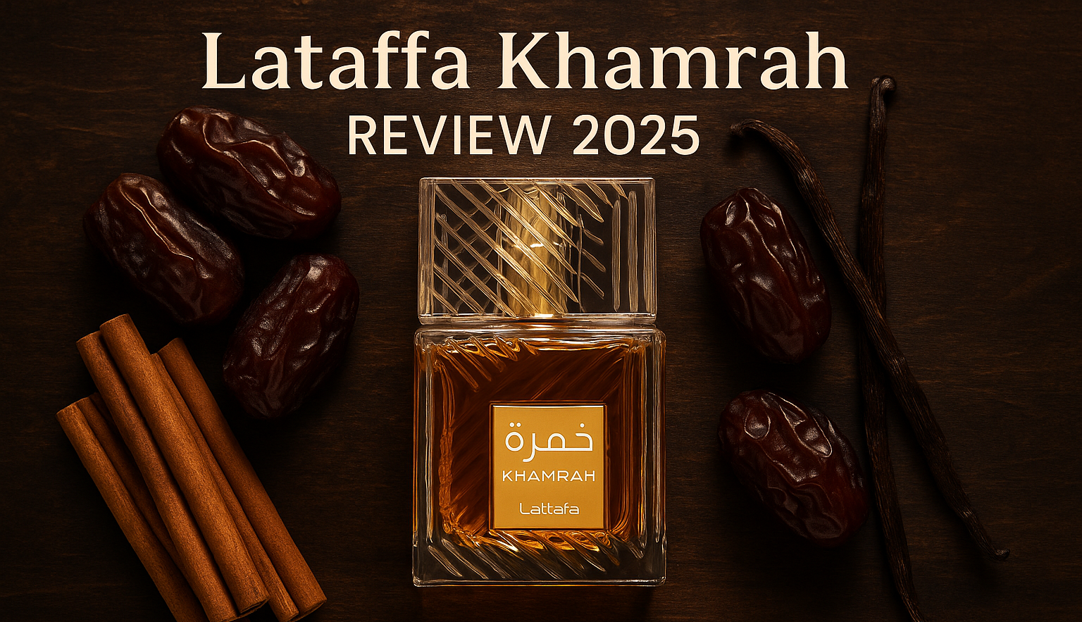 Lataffa Khamrah perfume bottle surrounded by cinnamon, dates, and vanilla on a wooden table.