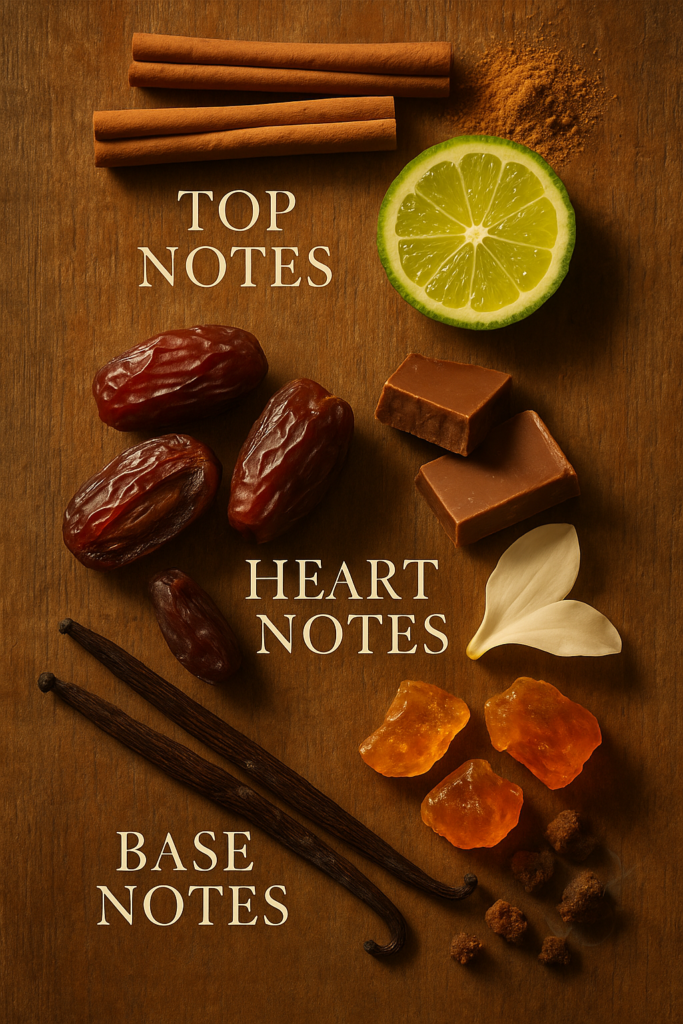 Infographic pyramid of cinnamon, nutmeg, bergamot, dates, praline, vanilla, amber resin, and myrrh.