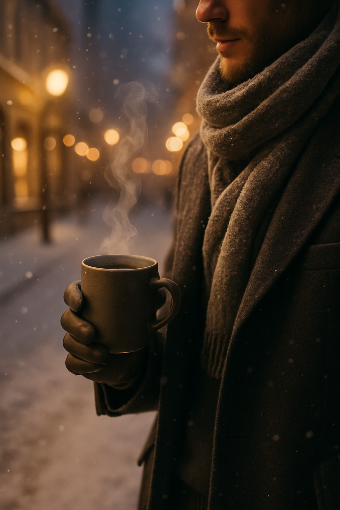 Person in scarf holding a hot drink on a snowy winter night.