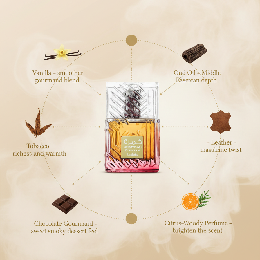 Lattafa Khamrah Dukhan perfume bottle surrounded by icons of vanilla, oud, tobacco, leather, chocolate, and citrus showing layering options.