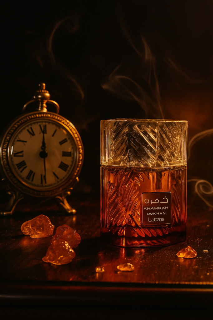 Lattafa Khamrah Dukhan perfume bottle beside a golden clock with incense smoke and amber resin.