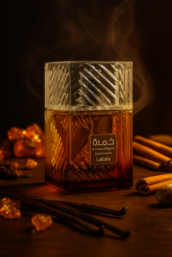 Lattafa Khamrah Dukhan bottle surrounded by incense smoke, cinnamon, nutmeg, vanilla, and amber resin.