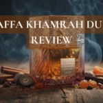 Lattafa Khamrah Dukhan perfume bottle styled with cinnamon, nutmeg, vanilla, amber resin, and incense smoke.