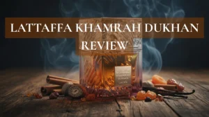 Lattafa Khamrah Dukhan perfume bottle styled with cinnamon, nutmeg, vanilla, amber resin, and incense smoke.