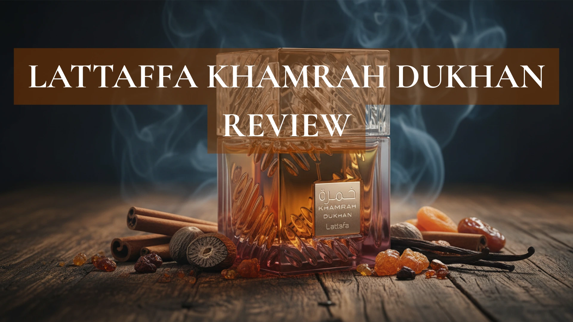 Lattafa Khamrah Dukhan perfume bottle styled with cinnamon, nutmeg, vanilla, amber resin, and incense smoke.