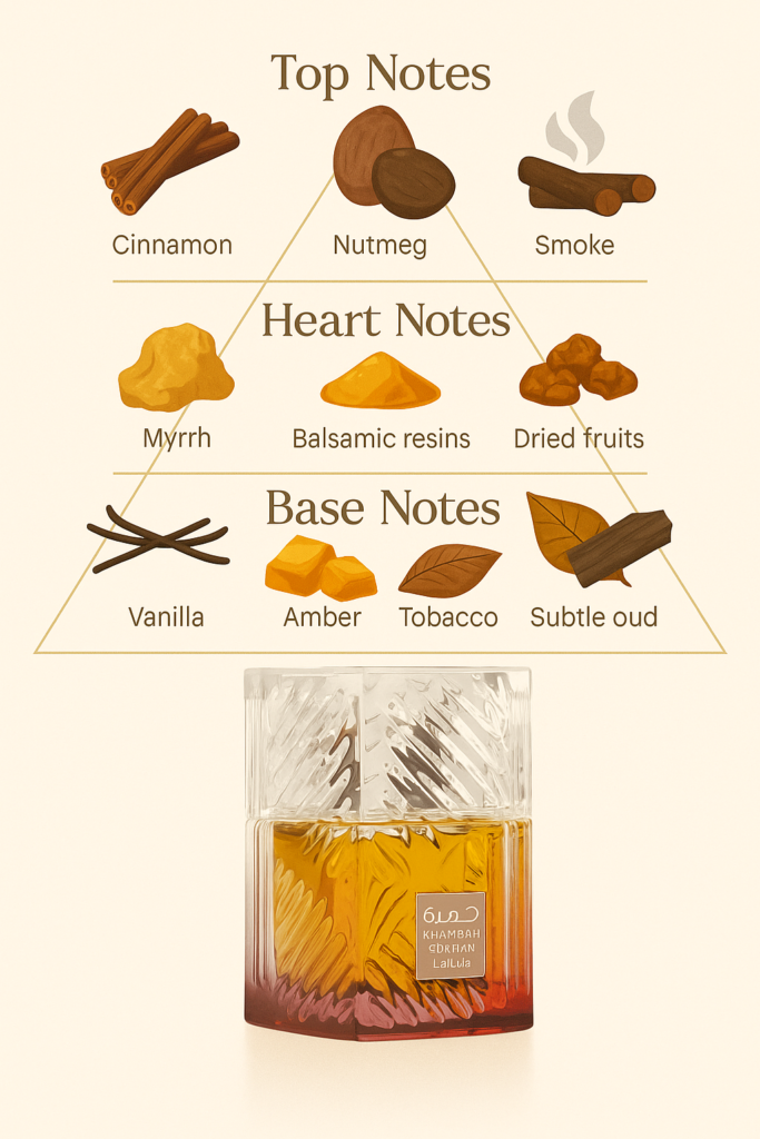 Infographic of Lattafa Khamrah Dukhan perfume bottle with pyramid showing top, heart, and base notes like cinnamon, myrrh, amber, vanilla, and tobacco.
