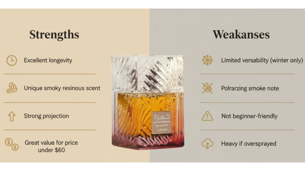 Infographic of Lattafa Khamrah Dukhan perfume bottle showing strengths like longevity and scent depth, and weaknesses like heavy smoke and limited versatility.