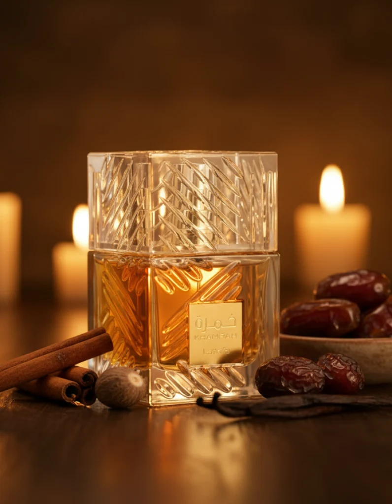 Lattafa Khamrah perfume bottle surrounded by cinnamon, vanilla, and dates