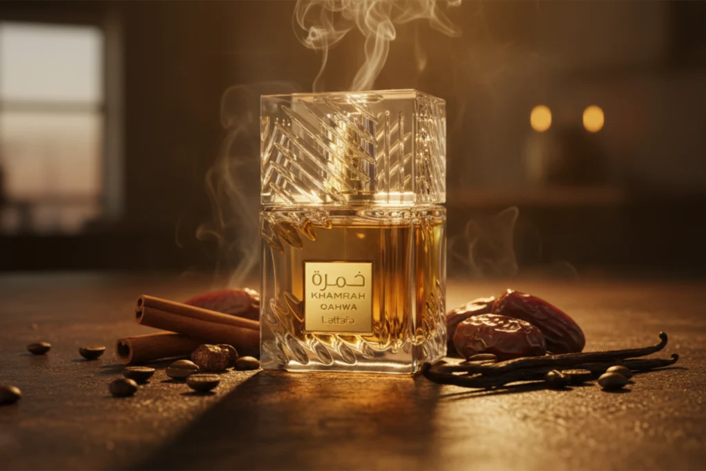 Lattafa Khamrah Qahwa perfume bottle surrounded by cinnamon sticks, dates, and roasted coffee beans under warm amber light.